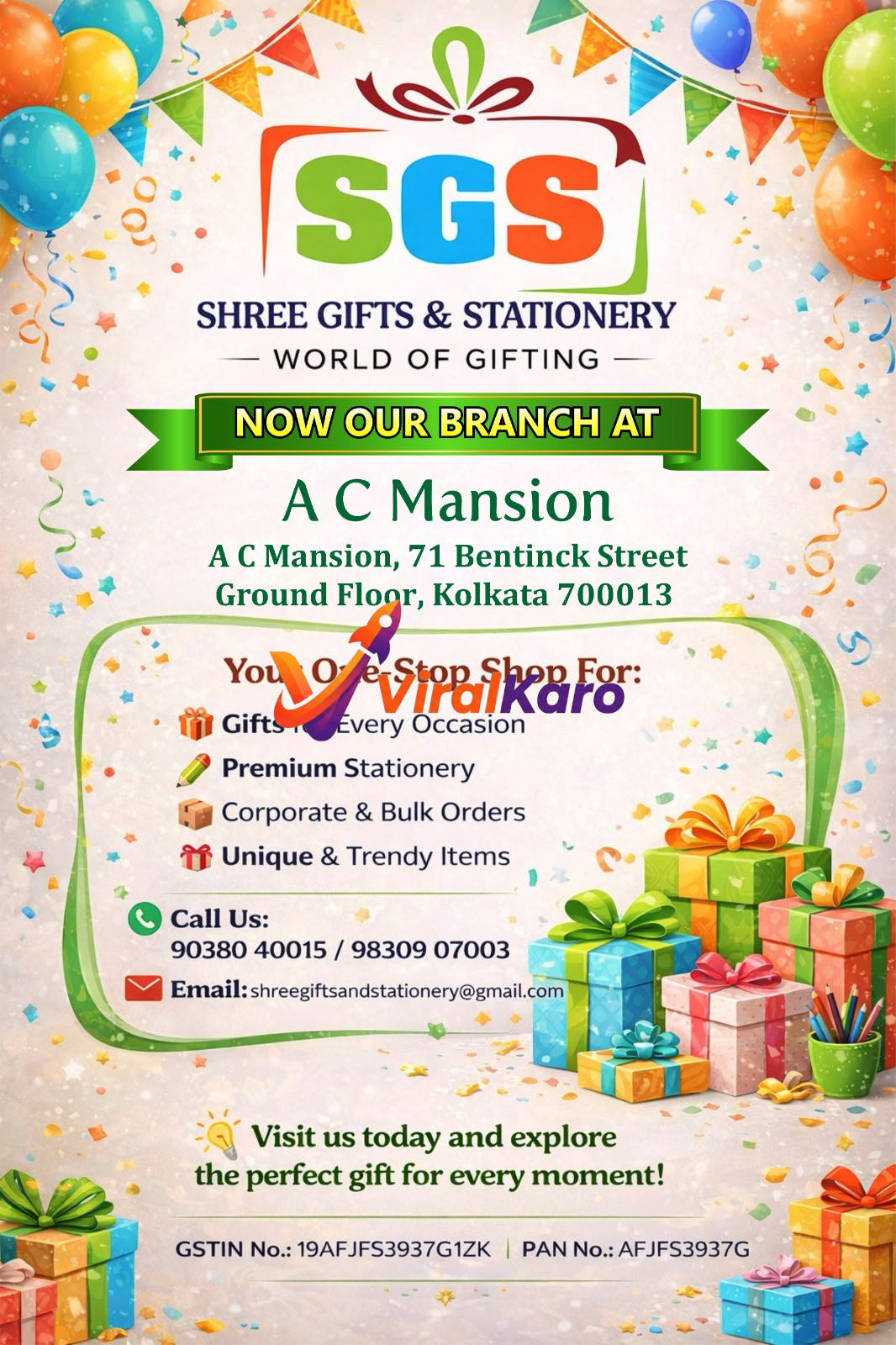 An advertisement for Shree Gifts & Stationery announcing the opening of a new branch in Kolkata. The image features the company logo 'SGS - World of Gifting', the new address: A C Mansion, 71 Bentinck Street, Ground Floor, Kolkata 700013, and lists products like gifts for every occasion, premium stationery, corporate orders, and unique items. Colorful balloons, confetti, and stacks of wrapped gift boxes decorate the vibrant background, conveying a festive and celebratory mood.
