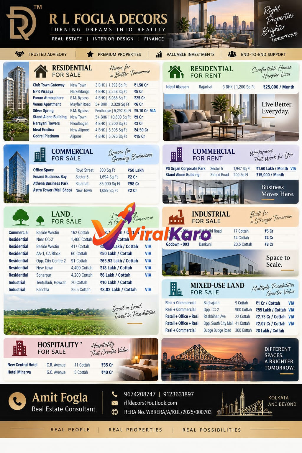 R L Fogla Decors property listing brochure showing residential, commercial, land, and hospitality options in Kolkata.