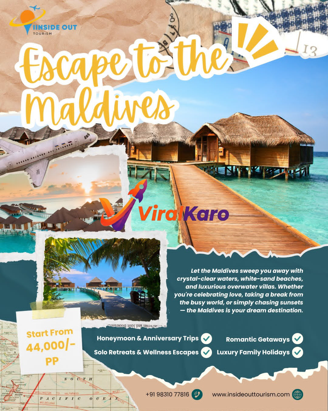Travel advertisement for Maldives holiday packages by Inside Out Tourism featuring overwater bungalows and tropical blue ocean waters.