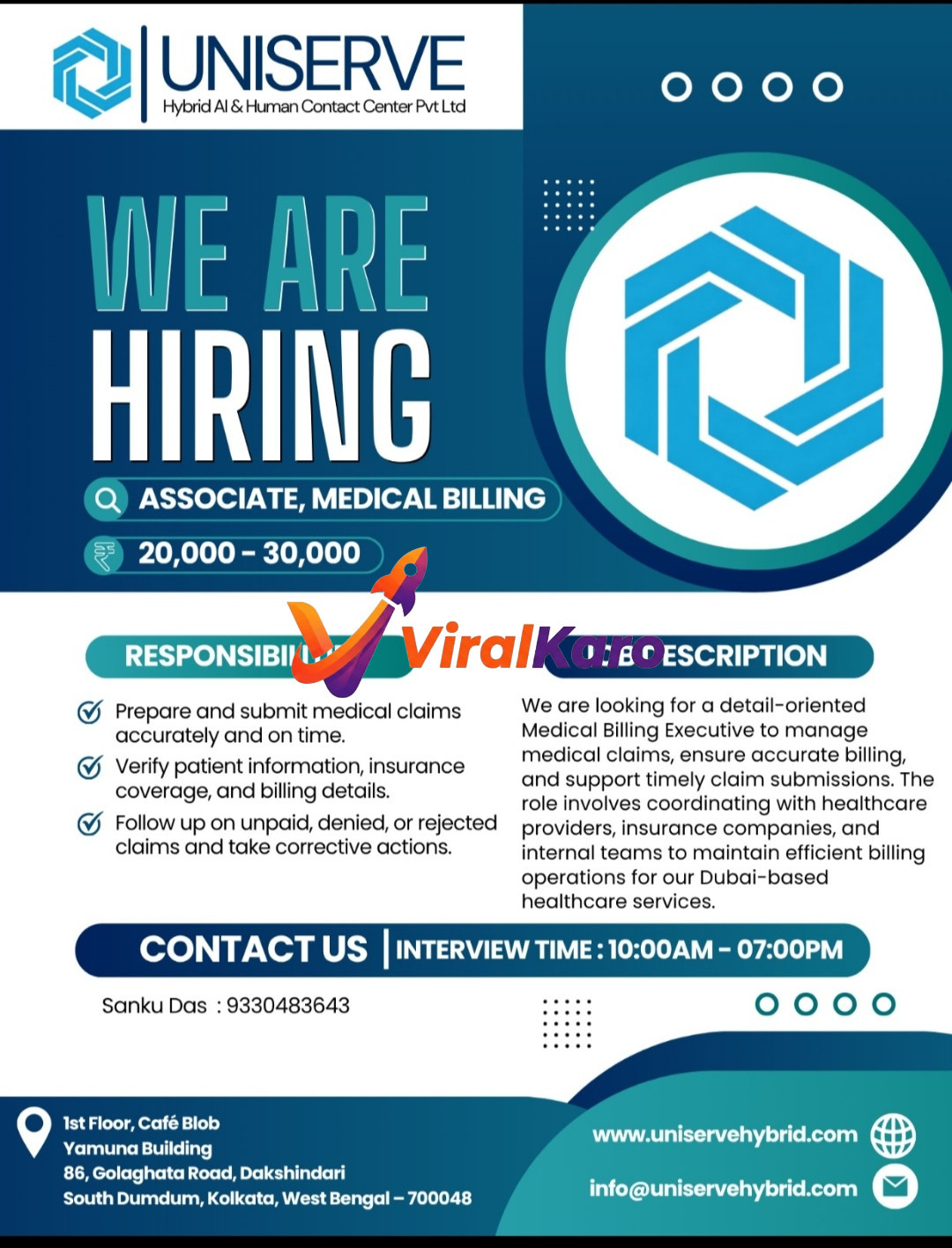 Uniserve hiring flyer for Associate Medical Billing position in Kolkata, listing salary range 20,000-30,000 and contact details for Sanku Das.