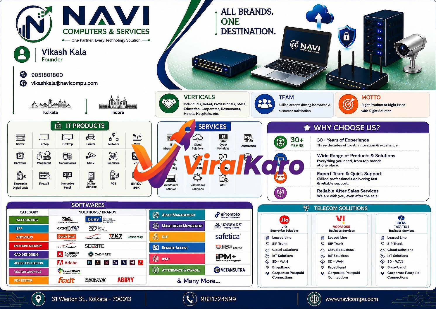 Navi Computers & Services business profile banner showcasing IT hardware, software solutions, cloud infrastructure, and service offerings with contact information.