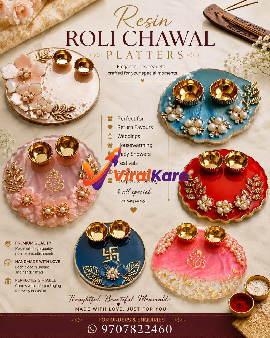 A collection of colorful handcrafted resin roli chawal platters decorated with pearls, gold accents, and floral motifs, suitable for Indian weddings and festivals.