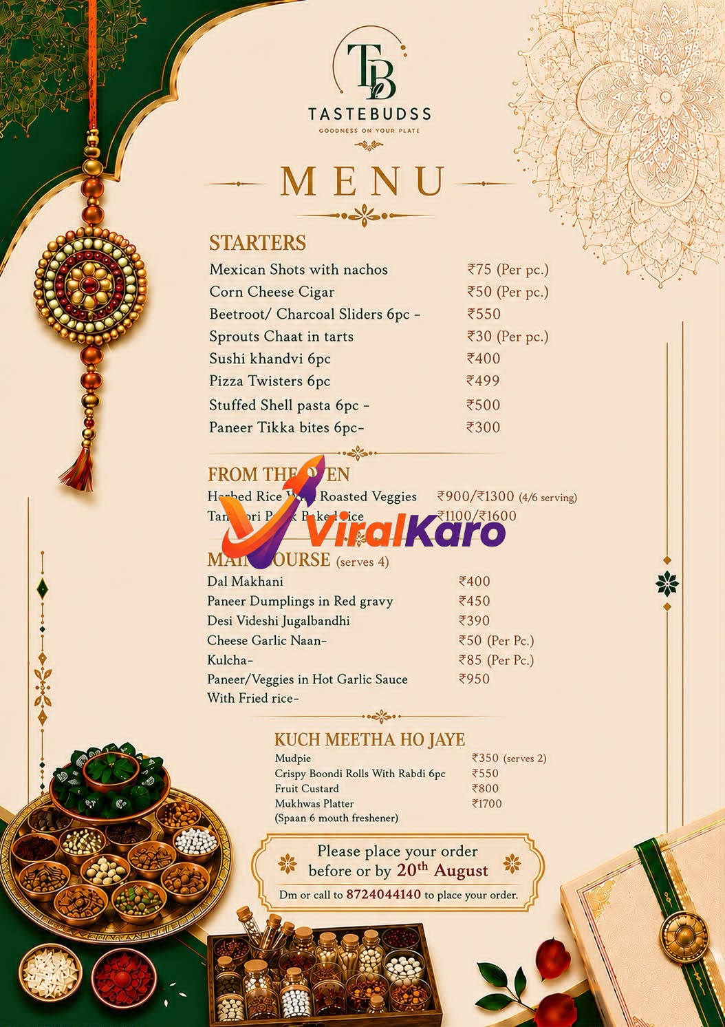 A festive menu card from Tastebudss featuring Raksha Bandhan themed catering options including starters, main course, and sweets, with ordering instructions.