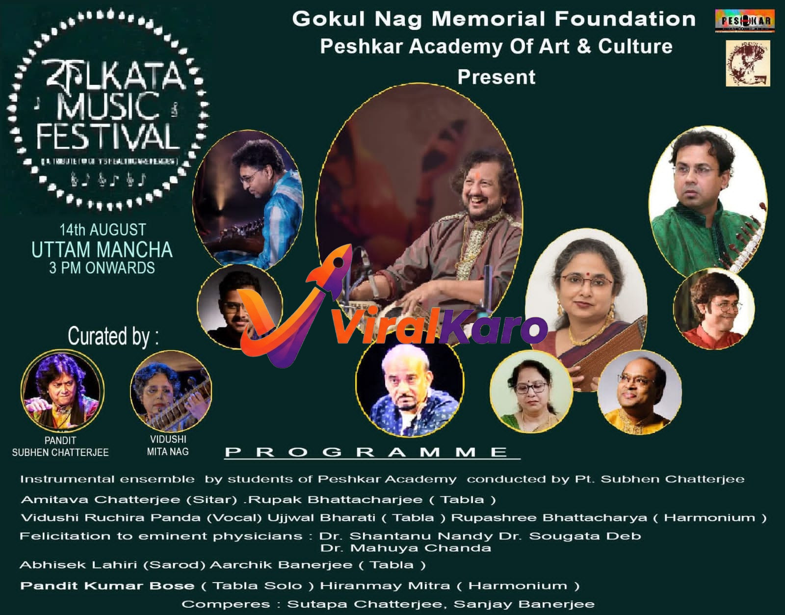 Event poster for Kolkata Music Festival 14th August at Uttam Mancha with portraits of Indian classical musicians.