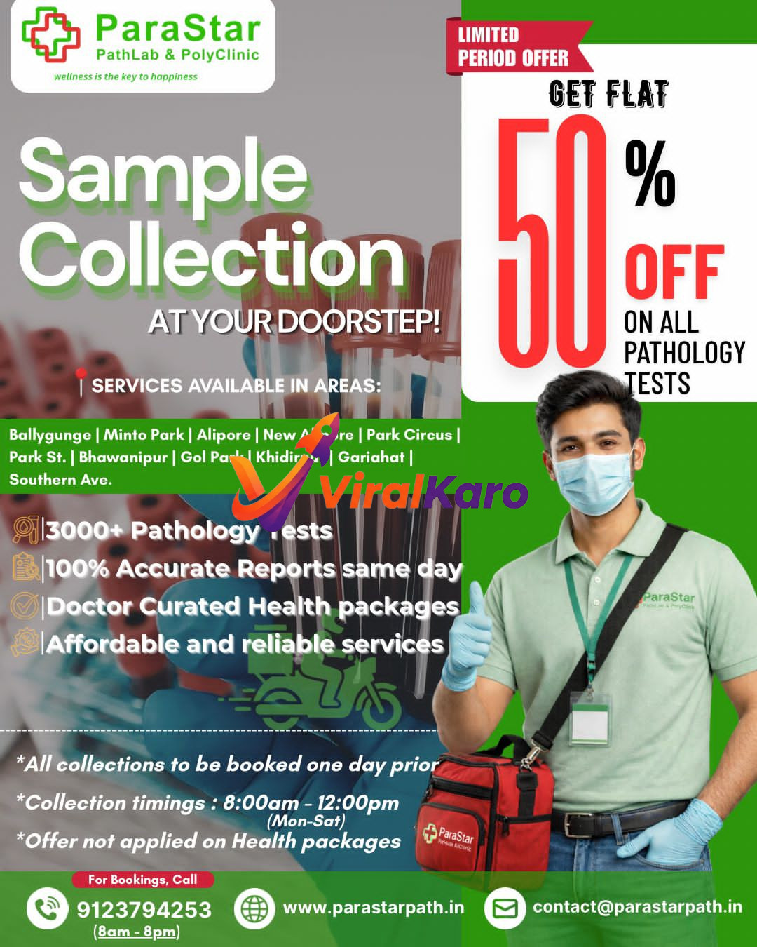 An image advertising ParaStar PathLab & PolyClinic's doorstep sample collection service in Kolkata, featuring a medical professional in mask and gloves giving a thumbs-up next to an offer of 50% off on all pathology tests. Test tubes are visible in the background, highlighting the diagnostic services.