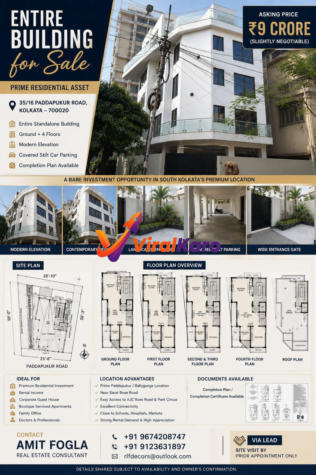 Modern G+4 standalone white residential building for sale in Paddapukur Road, Kolkata with floor plans and property details.
