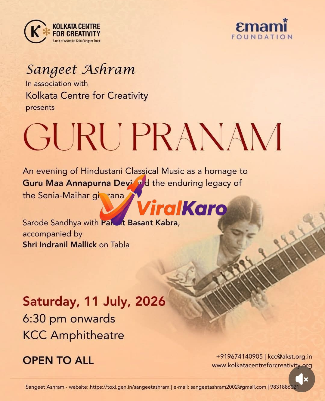 Event poster for Guru Pranam, featuring a Sarode player and details about the Hindustani Classical music concert at Kolkata Centre for Creativity.