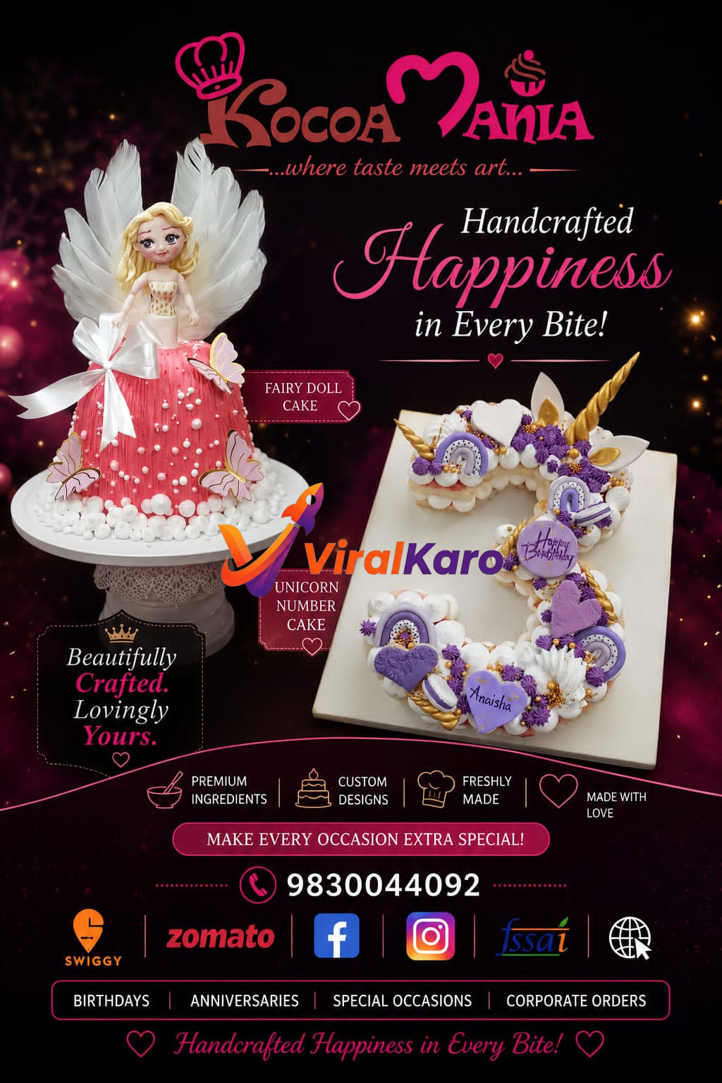 Kocoa Mania custom cakes featuring a fairy doll cake and a number two unicorn cake with purple and gold decorations.