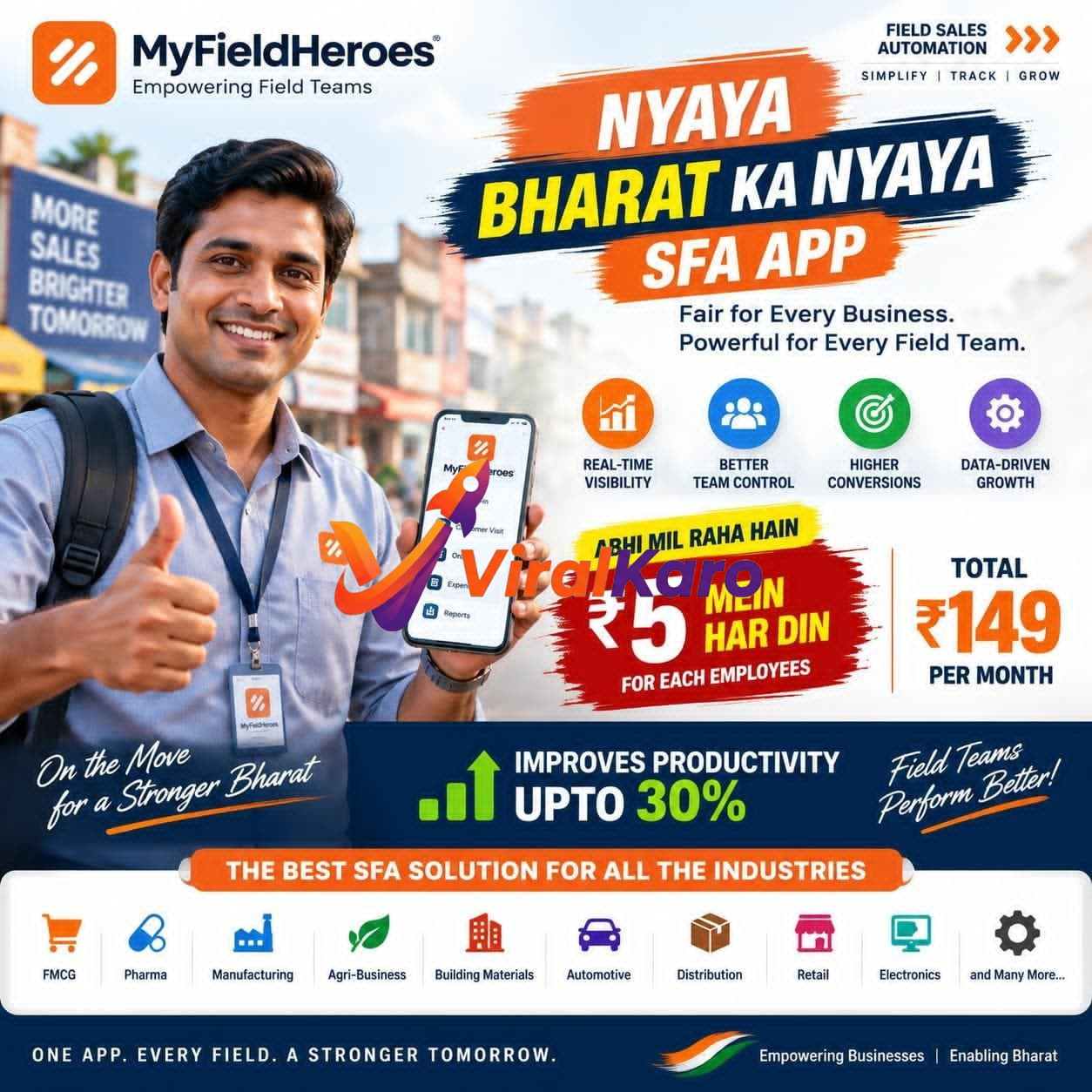 A promotional banner for MyFieldHeroes Nyaya SFA App featuring a smiling field sales professional holding a smartphone, showcasing features like real-time visibility and team control with pricing details.