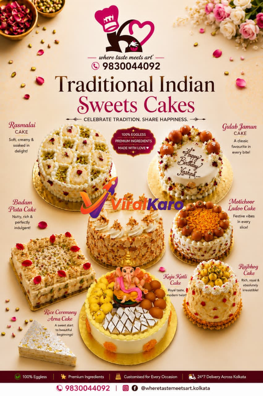 An assortment of traditional Indian sweets-flavored cakes including Rasmalai, Kaju Katli with Ganesha idol, and Motichoor Ladoo cake, beautifully arranged for a celebration.