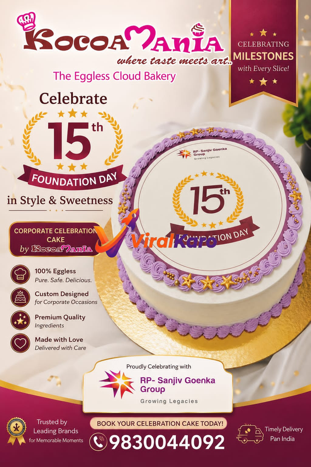 A round 15th Foundation Day celebration cake for RP-Sanjiv Goenka Group, featuring purple frosting, gold stars, and the Kocoamania logo, displayed on a gold cake board.