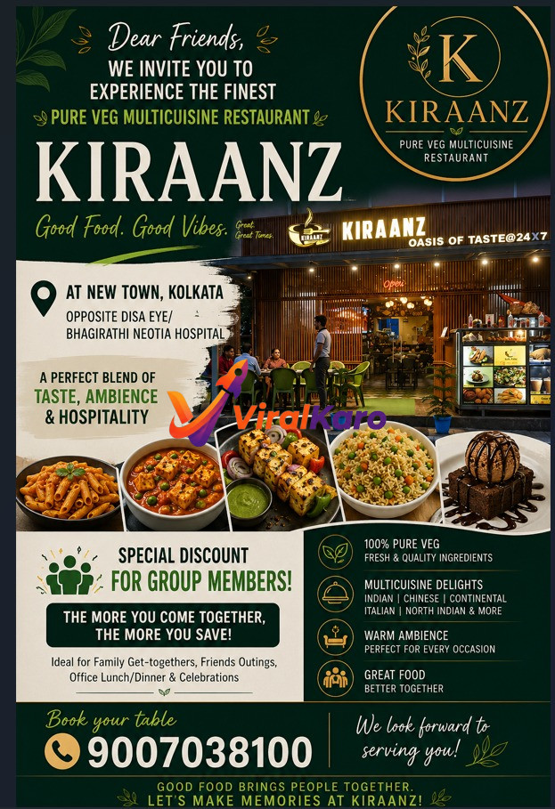 Promotional flyer for Kiraanz, a pure veg multicuisine restaurant located in New Town, Kolkata. The image showcases the restaurant's exterior, people dining, and an array of delicious dishes like pasta, paneer curry, paneer tikka, fried rice, and a chocolate brownie with ice cream. Details include 100% pure veg, fresh ingredients, multicuisine delights (Indian, Chinese, Continental, Italian, North Indian), warm ambience, group discounts, and booking number 9007038100.