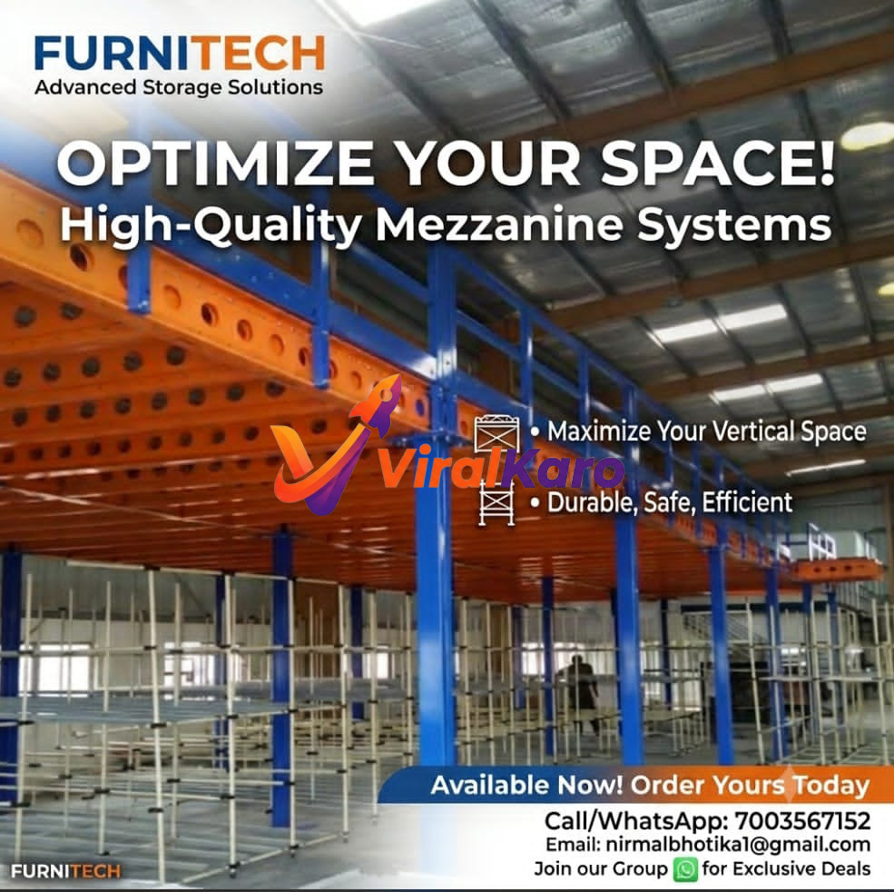 Furnitech branding on a warehouse interior featuring high-quality orange and blue industrial mezzanine flooring storage systems.