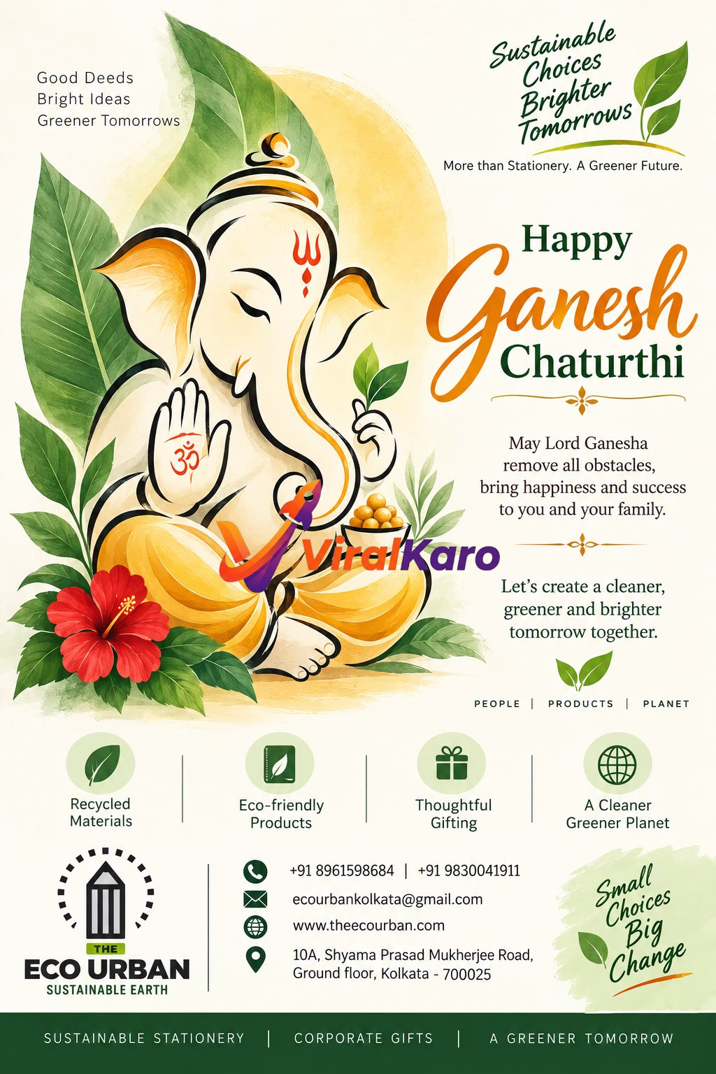 An artistic illustration of Lord Ganesha surrounded by green leaves and hibiscus flowers, with The Eco Urban branding and contact details for sustainable stationery in Kolkata.