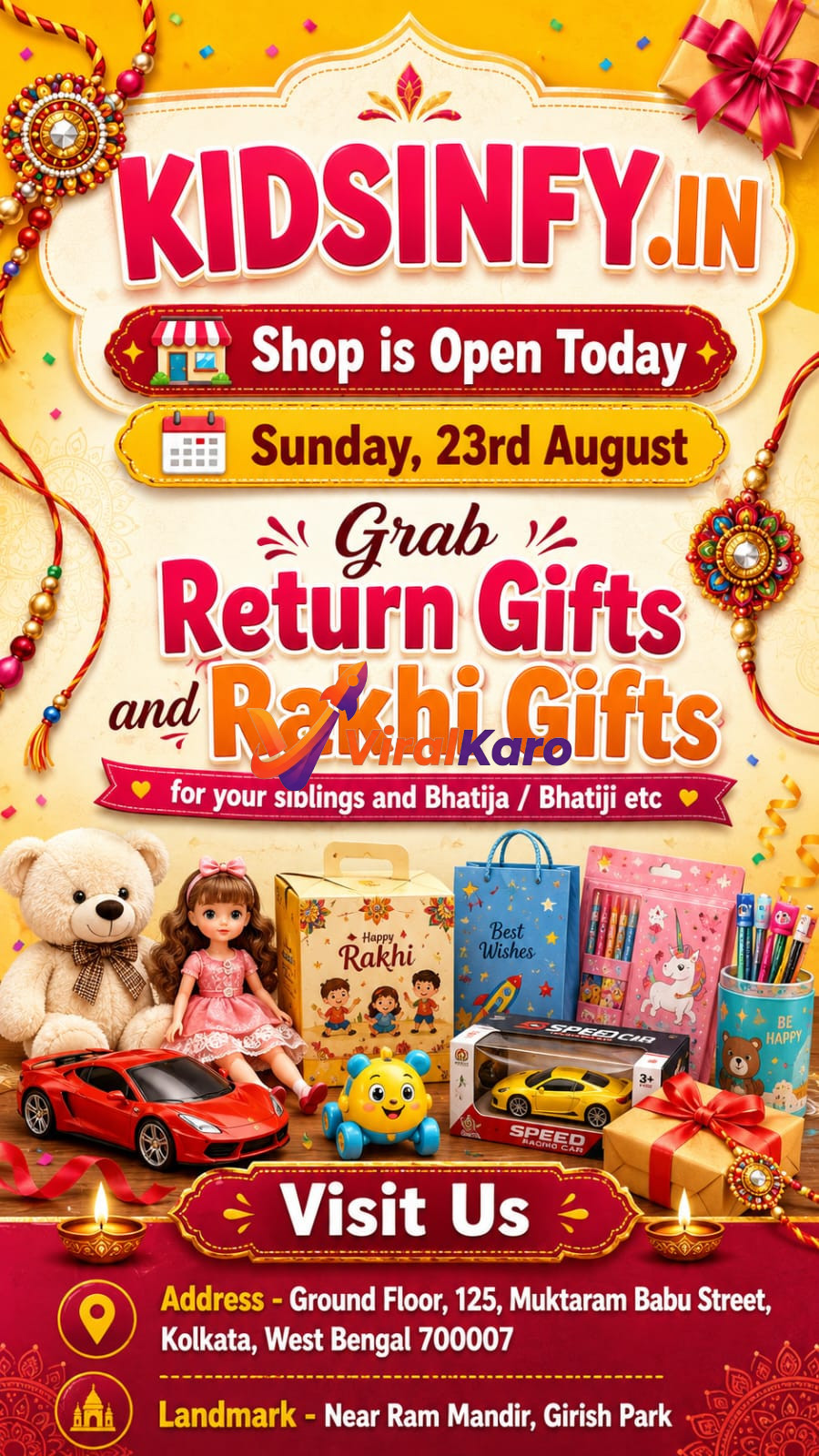 Colorful promotional poster for Kidsinfy.in Rakhi return gifts featuring toys, teddy bears, toy cars, and gift bags, located at 125 Muktaram Babu Street, Kolkata.