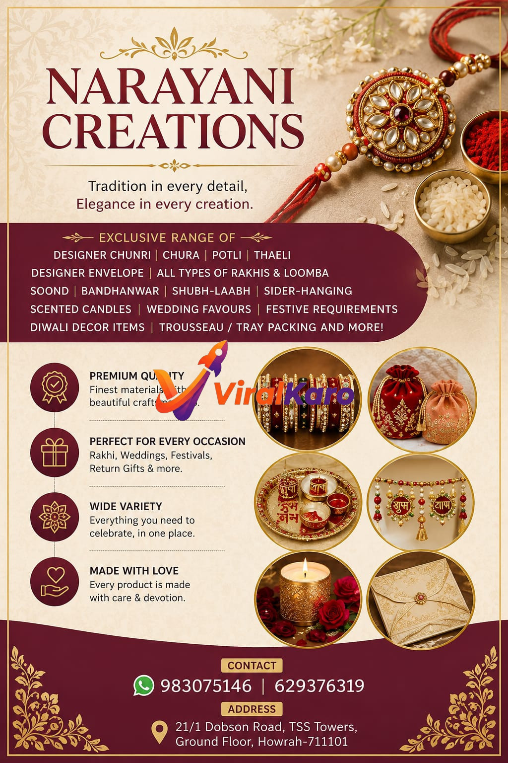 A promotional flyer for Narayani Creations showcasing traditional Indian Rakhis, ornate bangles, potli bags, decorative puja thali, shubh-laabh wall hangings, candles, and designer gift envelopes.