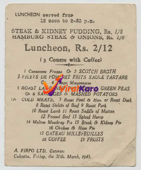 A vintage paper menu from A. Firpo Ltd. in Calcutta dated March 30, 1945, listing various colonial-era luncheon dishes and prices.