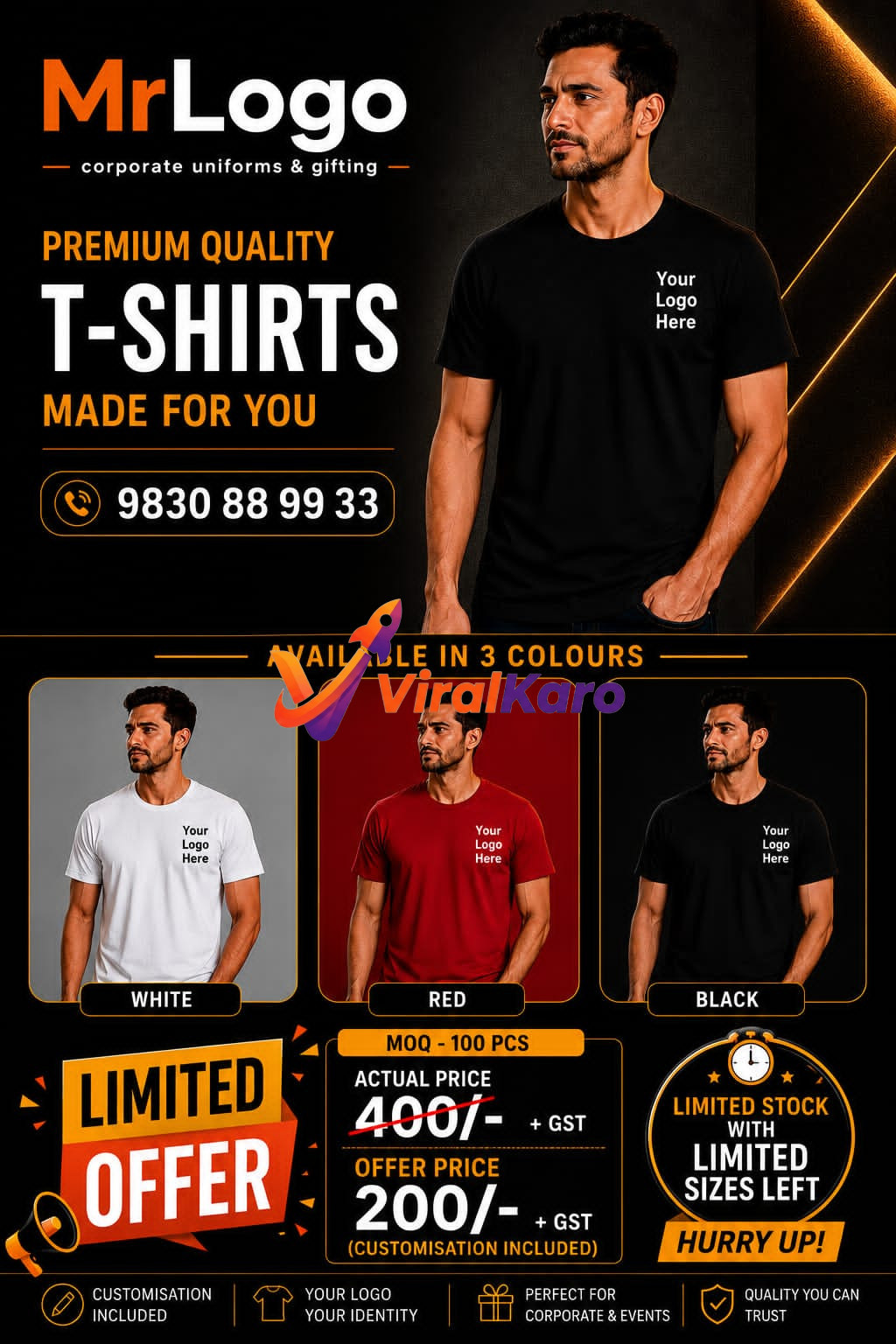 MrLogo promotional graphic showing men wearing white, red, and black customisable t-shirts with an offer price of 200 rupees.