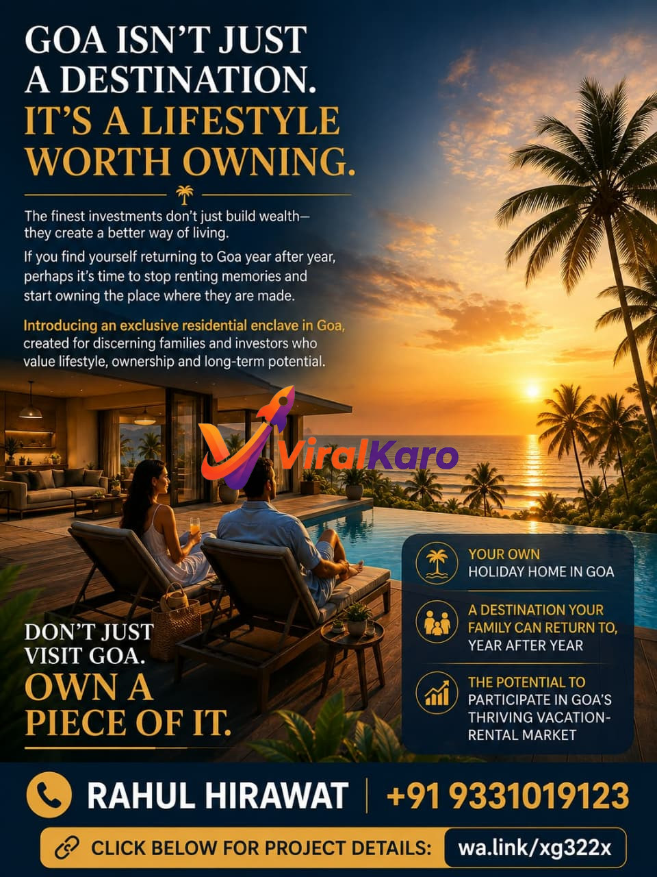 A luxurious sunset view from a villa infinity pool overlooking the ocean in Goa, promoting holiday home investment opportunities.