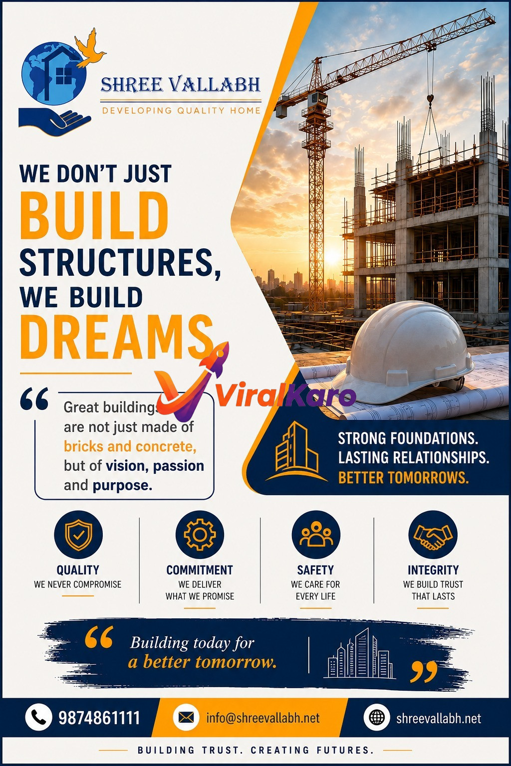 A professional construction marketing poster by Shree Vallabh featuring a skyscraper under construction, a hard hat, and architectural blueprints with company core values.