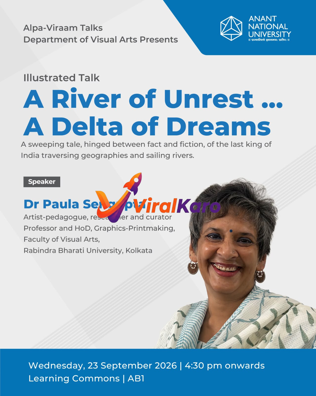 Event poster for Alpa-Viraam Talk at Anant National University featuring speaker Dr. Paula Sengupta.