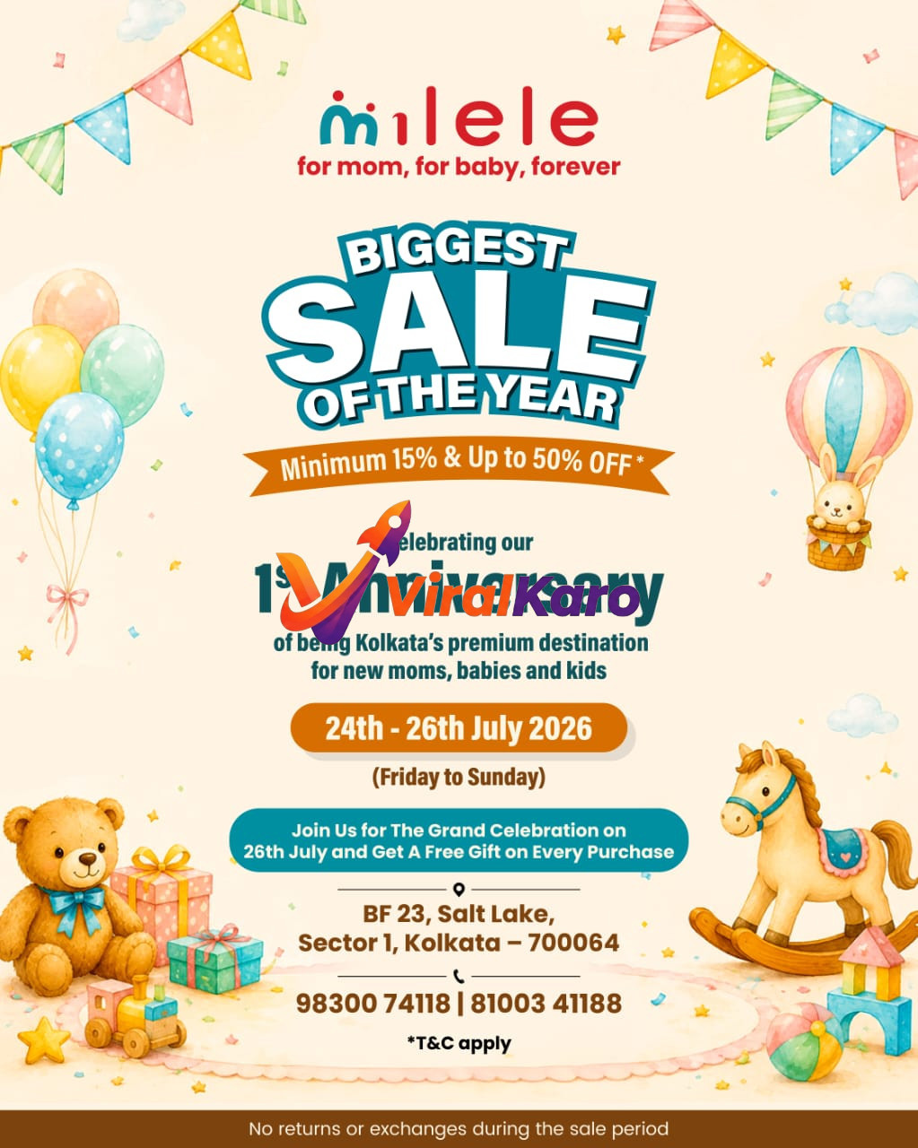 Milele store 1st anniversary sale poster featuring colorful balloons, teddy bear, and rocking horse graphics in Kolkata.