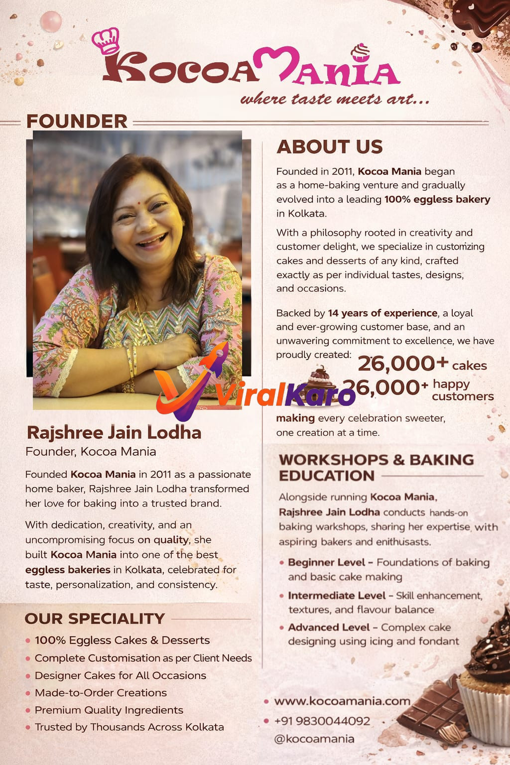 Founder Rajshree Jain Lodha of Kocoa Mania, Kolkata, featuring details about their 100% eggless cakes, bakery services, and professional baking workshops.