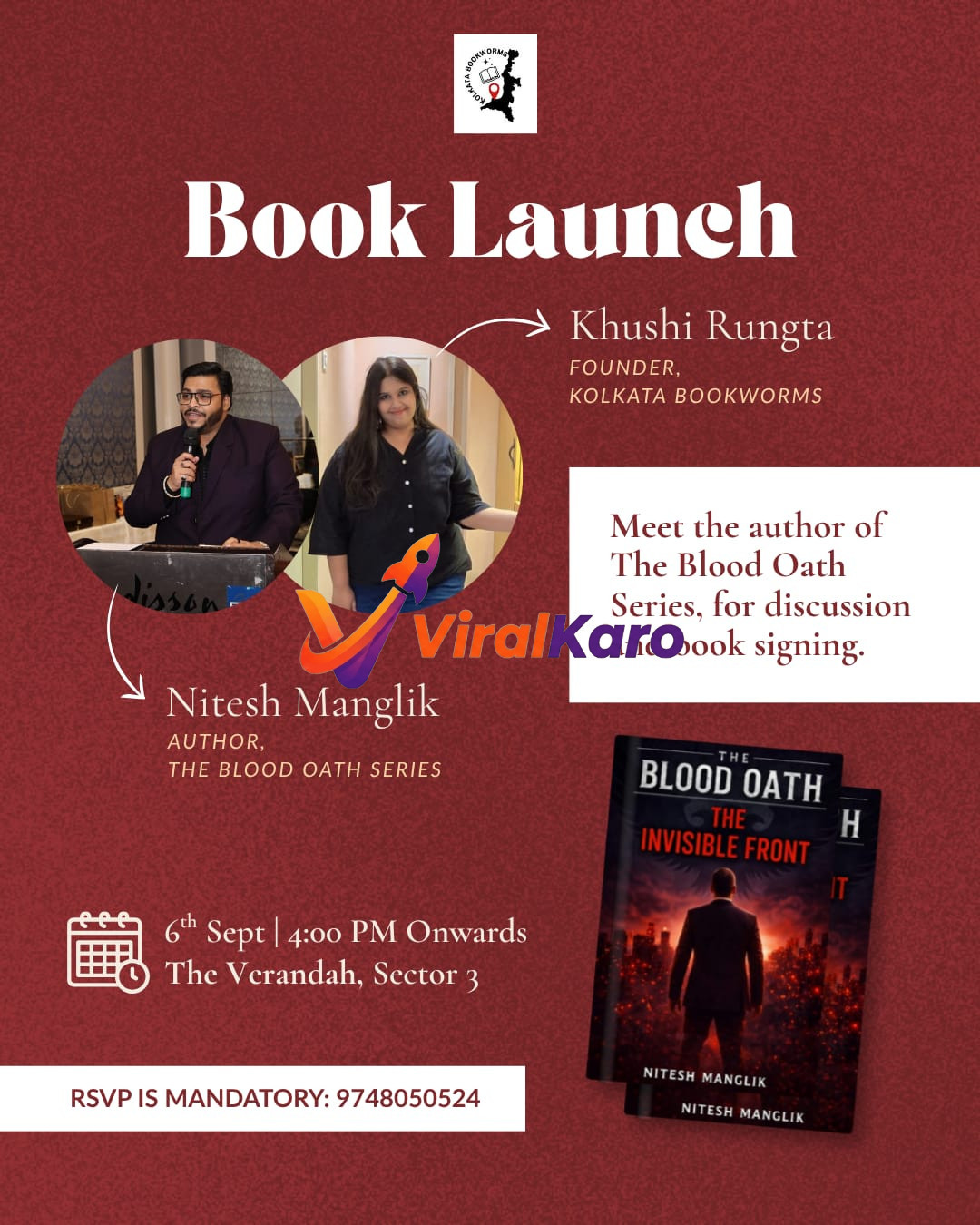 Book launch poster for The Blood Oath Series by Nitesh Manglik, featuring the author and organizer Khushi Rungta, with event details in Kolkata.