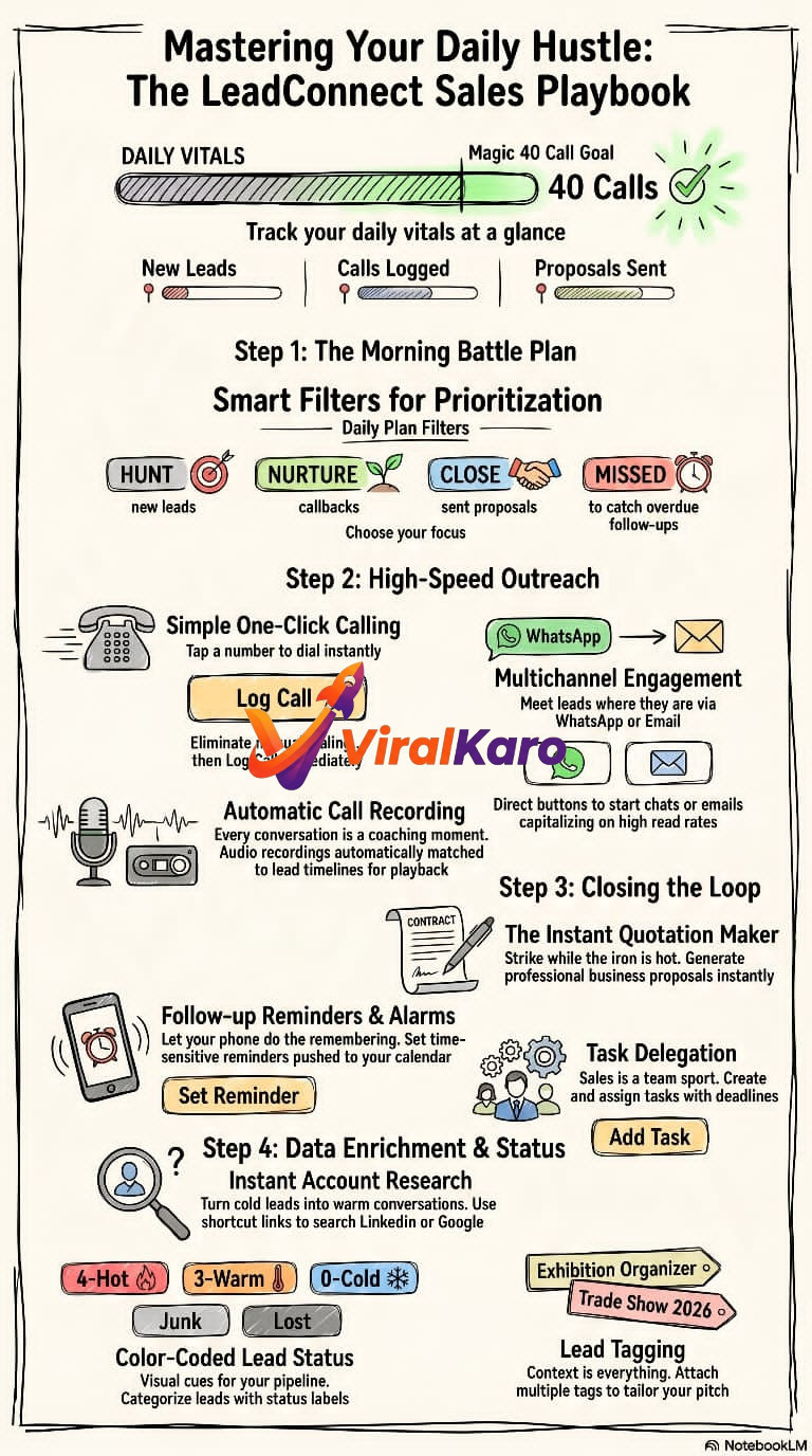 An infographic titled Mastering Your Daily Hustle: The LeadConnect Sales Playbook, illustrating a 4-step sales process including call goals, lead filtering, outreach, and closing.