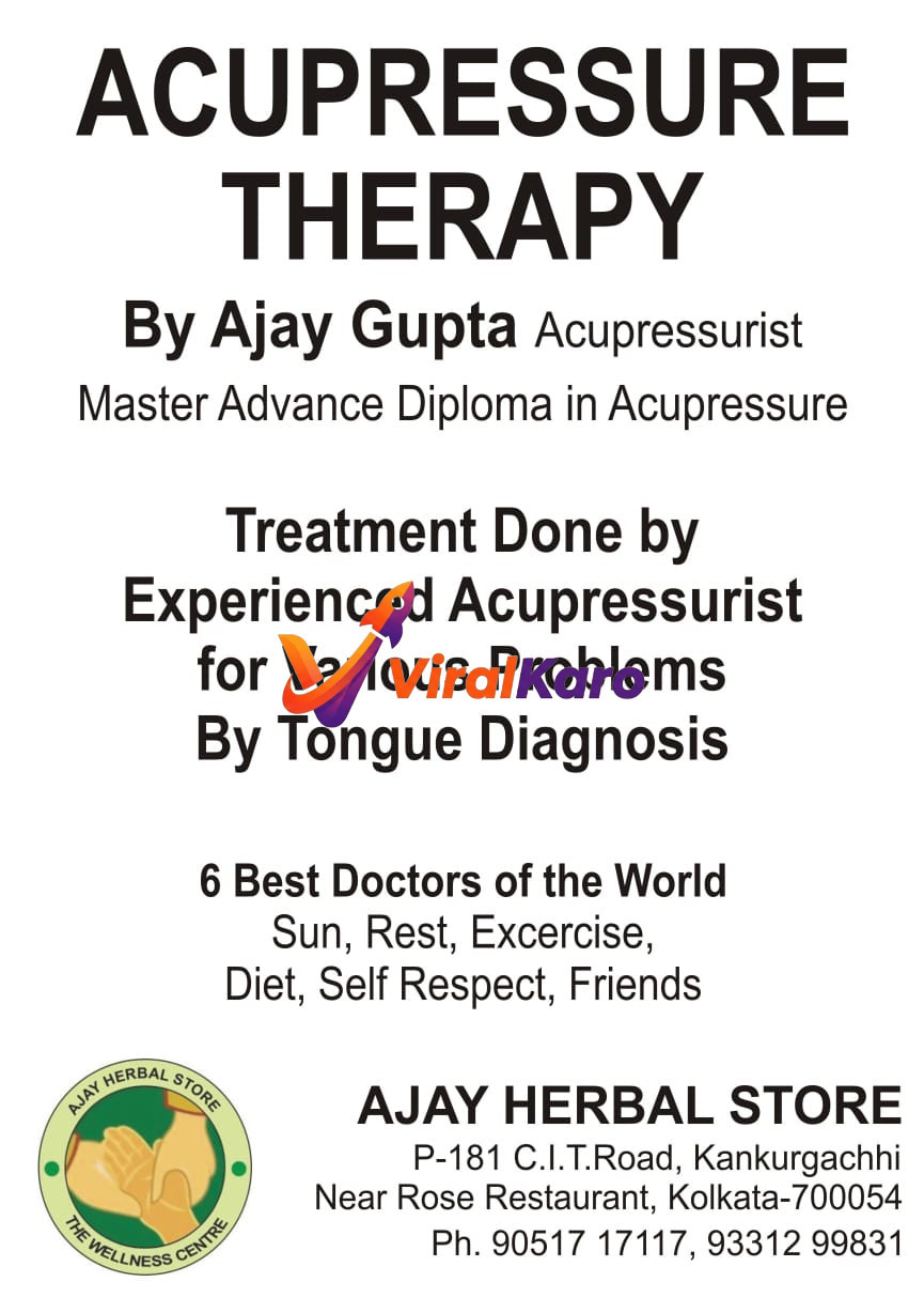 Informational poster for Acupressure Therapy by Ajay Gupta at Ajay Herbal Store, located in Kankurgachhi, Kolkata.