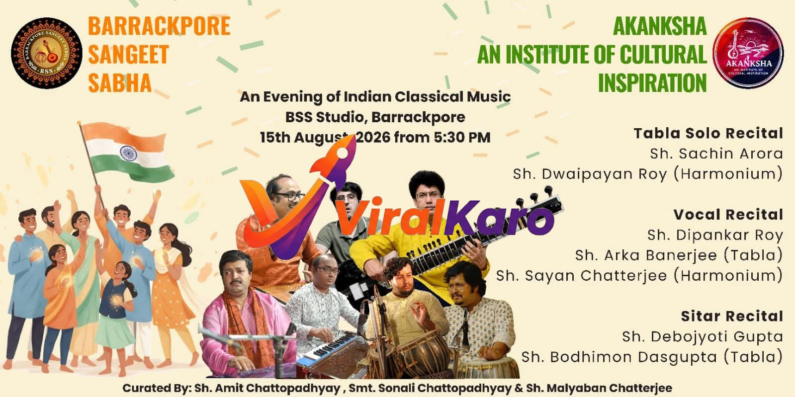 Event poster for an Indian Classical Music concert by Barrackpore Sangeet Sabha featuring images of performing musicians and an illustration of people celebrating with the Indian flag.