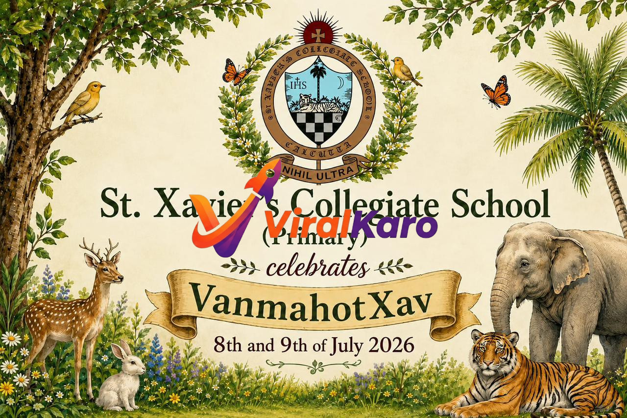 Event poster for VanmahotXav at St. Xavier's Collegiate School featuring school crest, forest animals, and tropical flora.