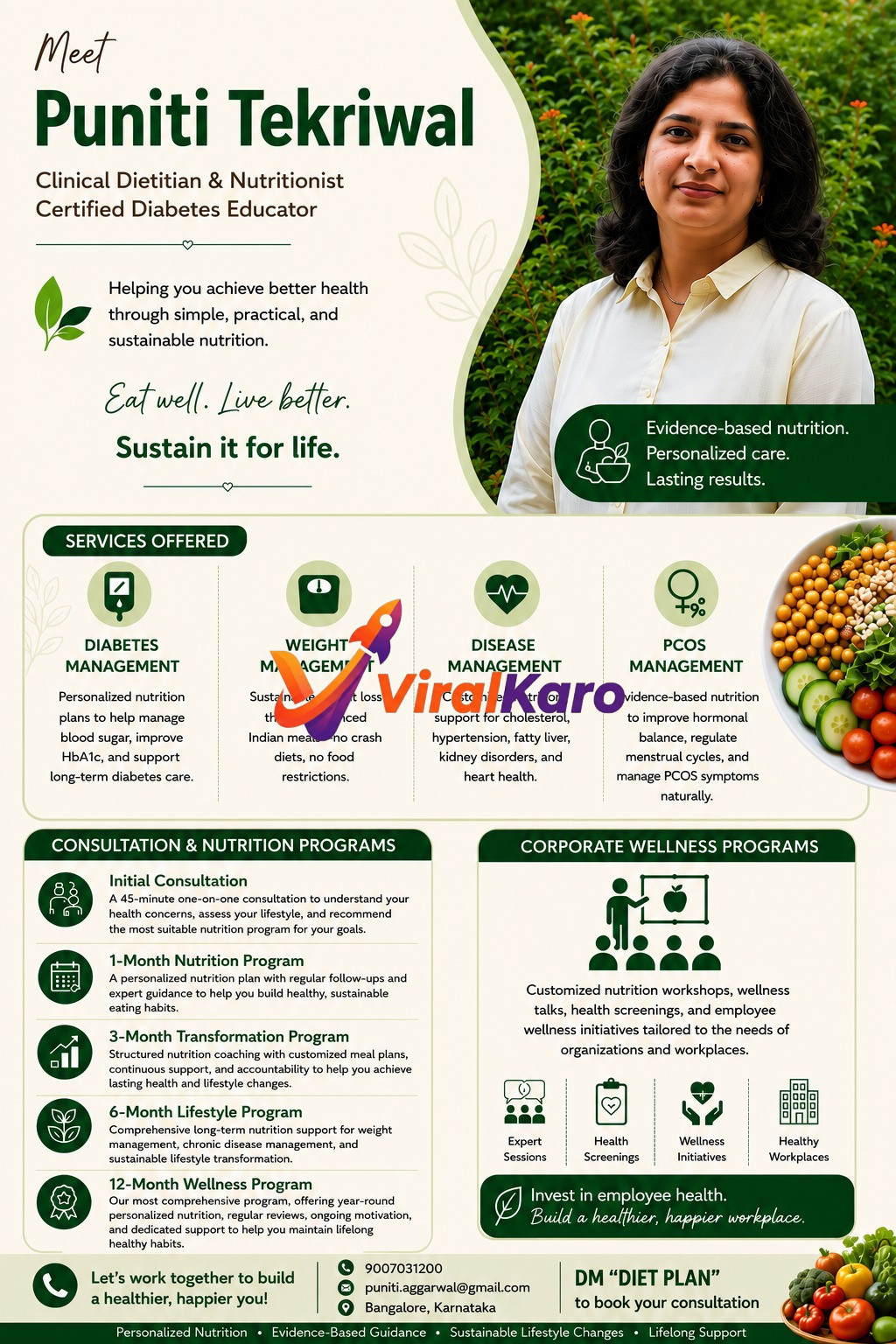 Portrait of Puniti Tekriwal, Clinical Dietitian and Nutritionist, with a summary of her services including diabetes, weight, and PCOS management.