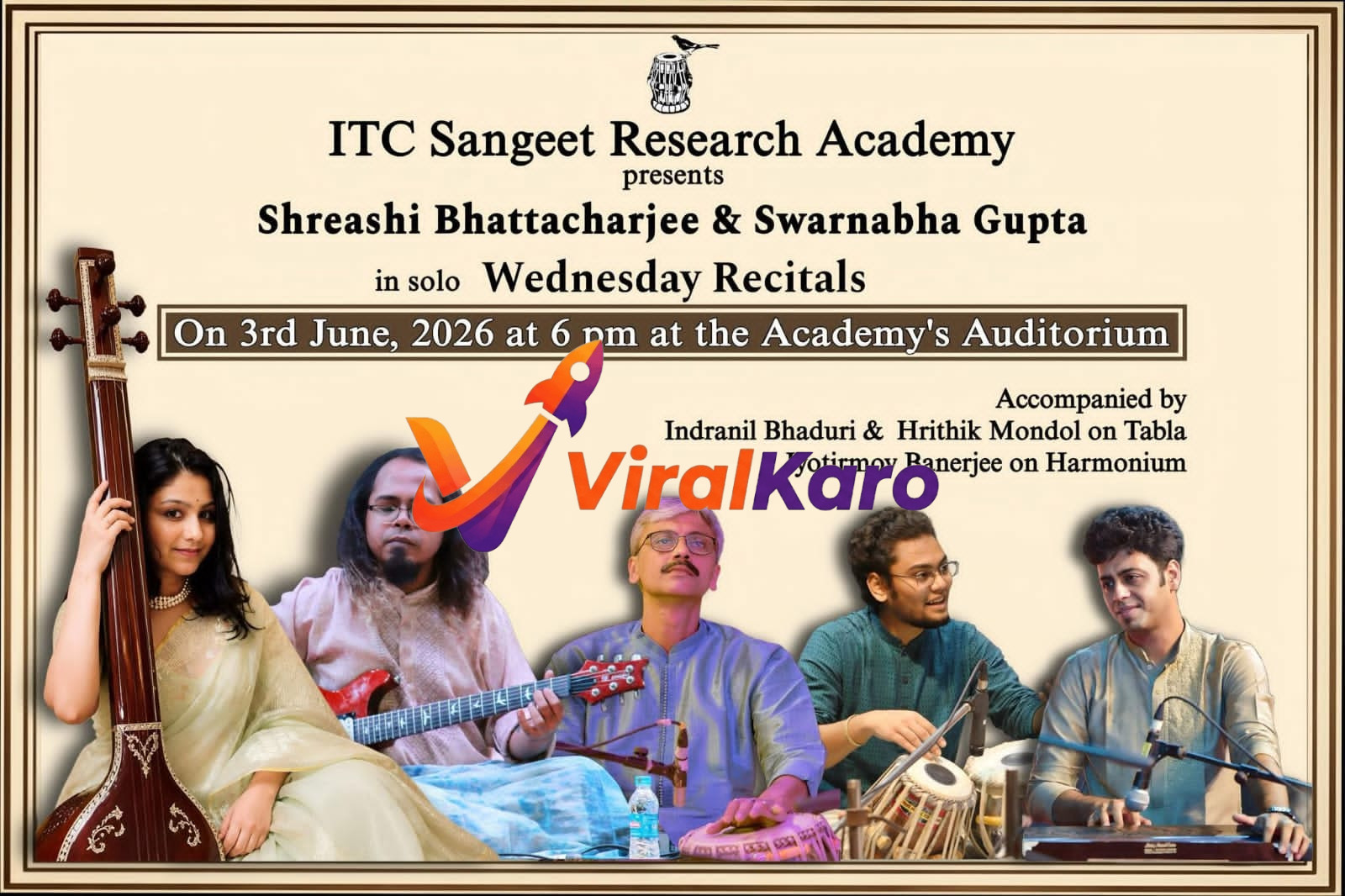 An event poster for an Indian classical music recital by ITC Sangeet Research Academy, featuring artists Shreashi Bhattacharjee with a tanpura, Swarnabha Gupta with an electric guitar, Indranil Bhaduri and Hrithik Mondol on tabla, and Jyotirmoy Banerjee on harmonium. The poster announces 'Wednesday Recitals' on June 3rd, 2026, at 6 PM at the Academy's Auditorium, set against a light cream background with a decorative border.