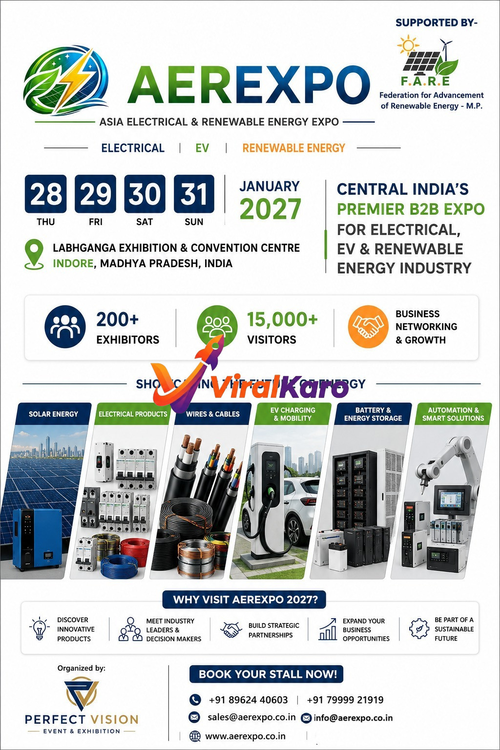 Promotional poster for AEREXPO 2027 in Indore featuring details on electrical, EV, and renewable energy sectors.