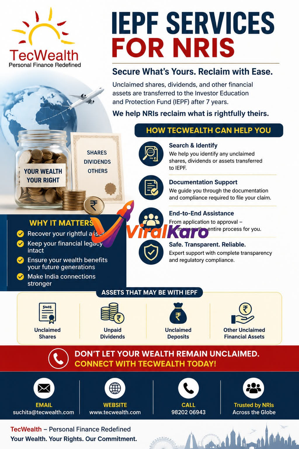 Infographic by TecWealth explaining IEPF services for NRIs including search, documentation support, and end-to-end asset recovery for unclaimed shares and dividends.