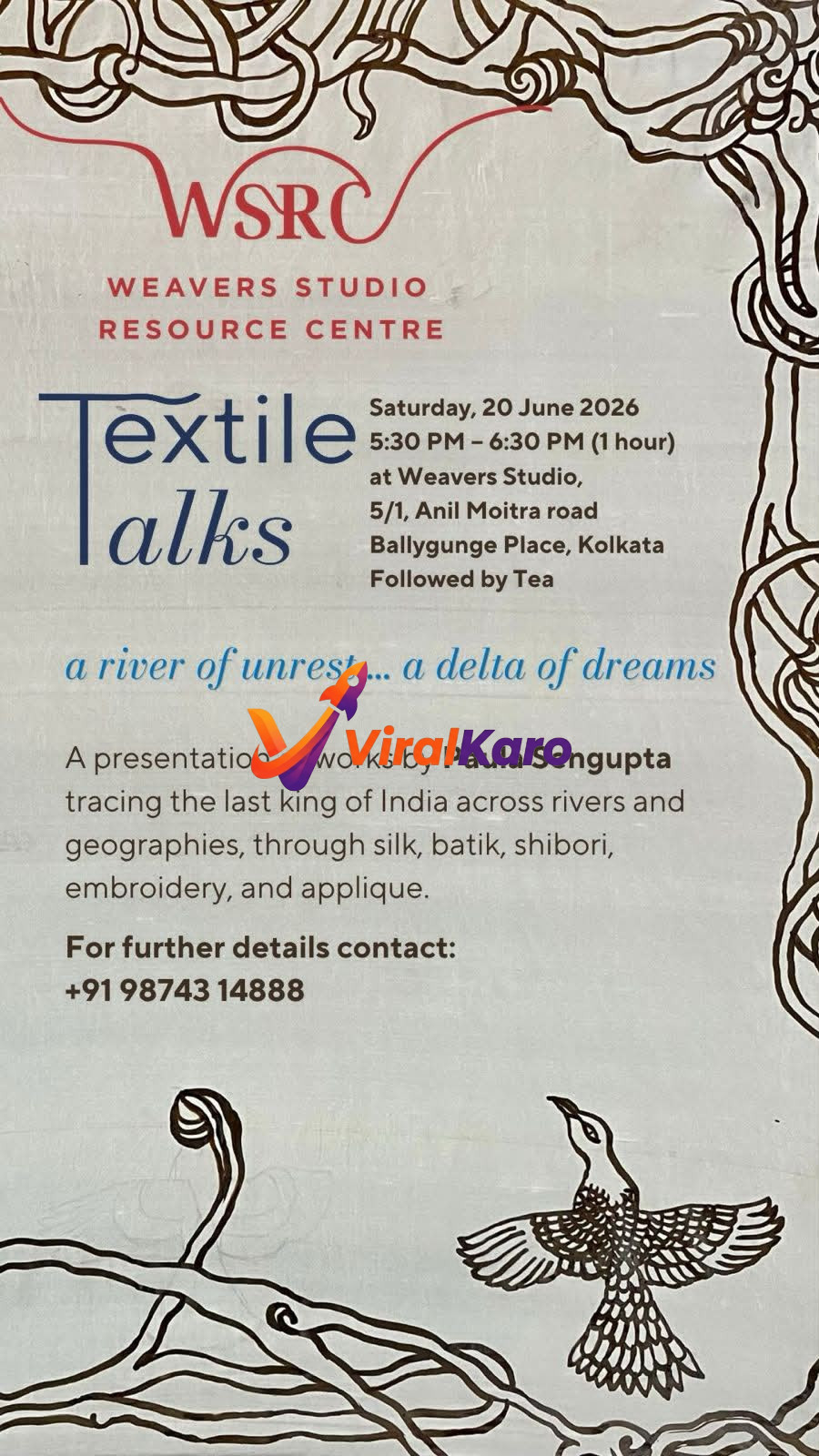 Event flyer for Textile Talks at Weavers Studio Resource Centre in Kolkata, featuring a line art design with a bird and abstract patterns, detailing date, time, and topic.