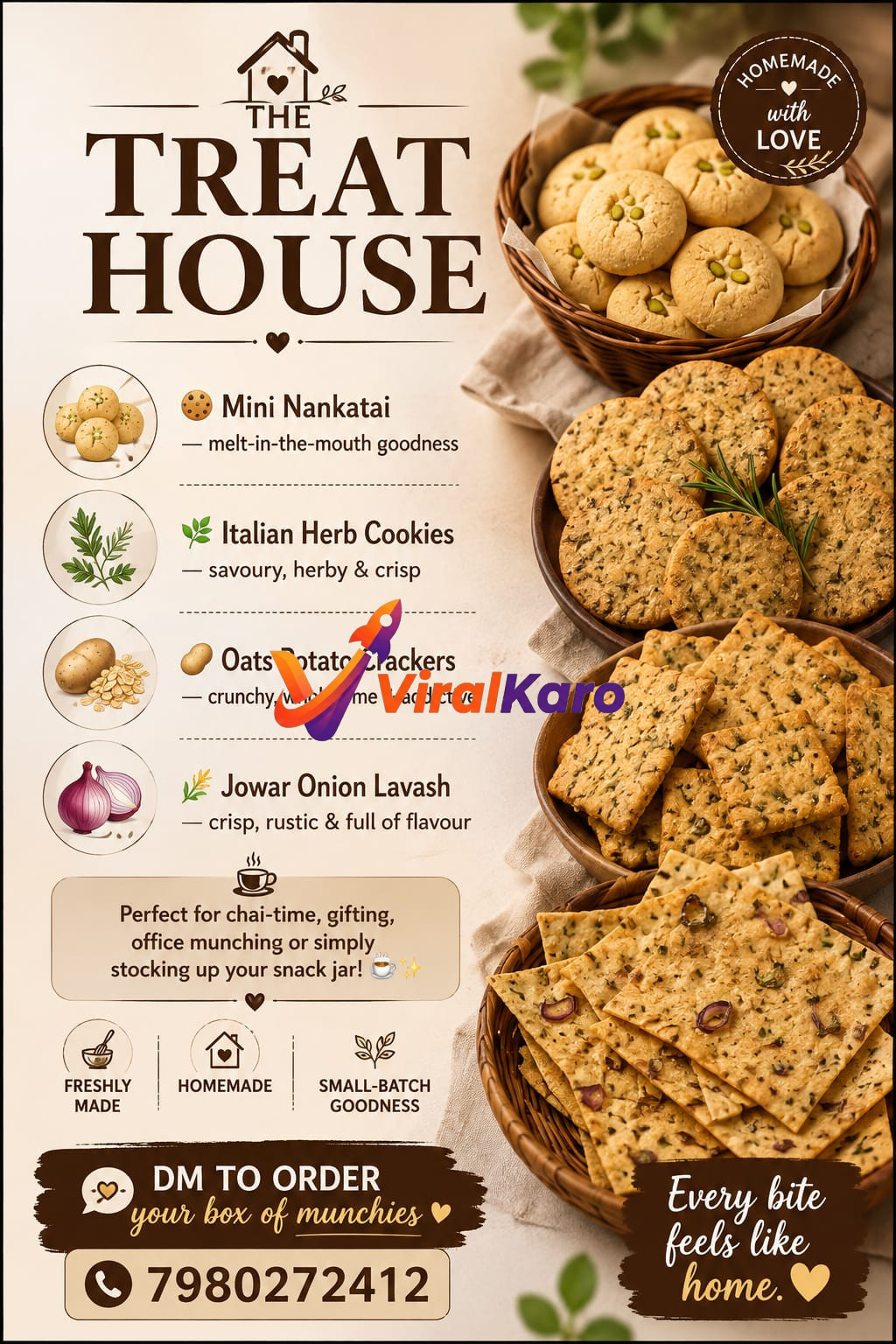 An aesthetic assortment of homemade snacks including Mini Nankatai, Italian Herb Cookies, and Jowar Onion Lavash from The Treat House.
