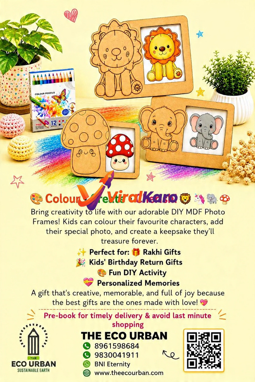 DIY MDF photo frames for kids featuring lion, elephant, and mushroom designs with a set of 12 colour pencils, offered by The Eco Urban.