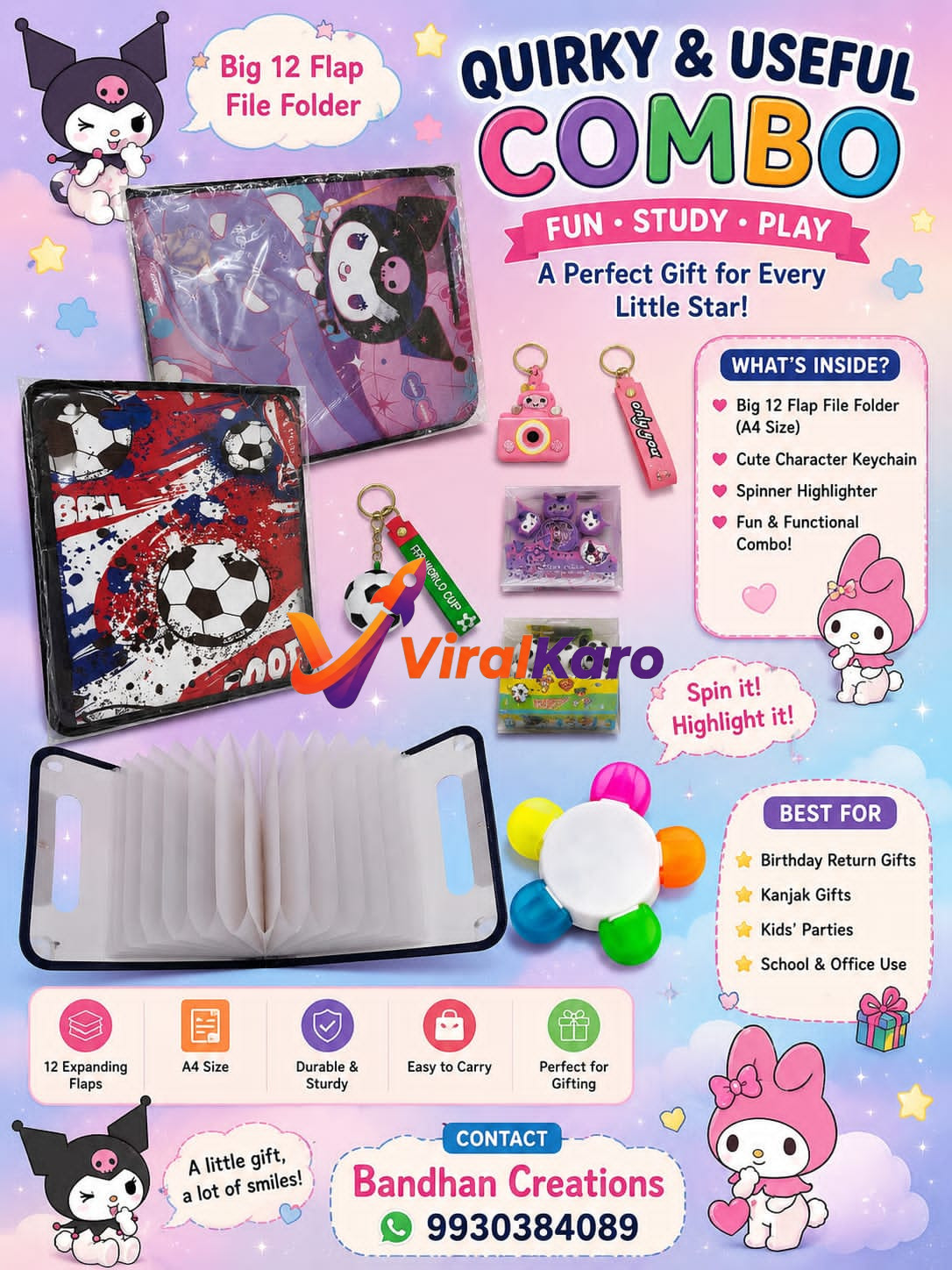 A colorful promotional flyer for Bandhan Creations' stationery gift combo for kids, featuring a 12-flap A4 folder, character keychains, and a spinner highlighter.