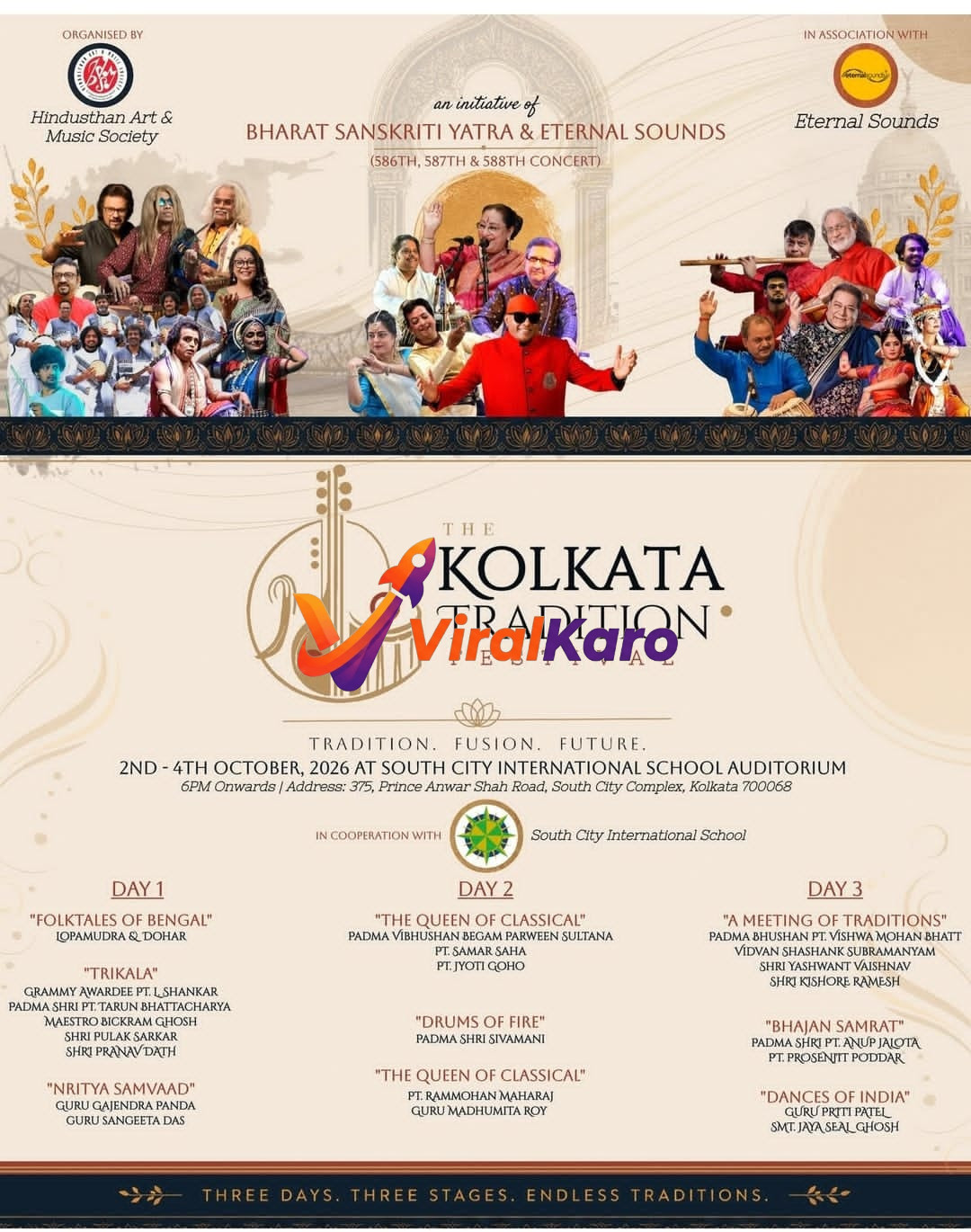 Event poster for The Kolkata Tradition Festival 2026 featuring musical legends, date, venue, and artist lineup details at South City International School, Kolkata.