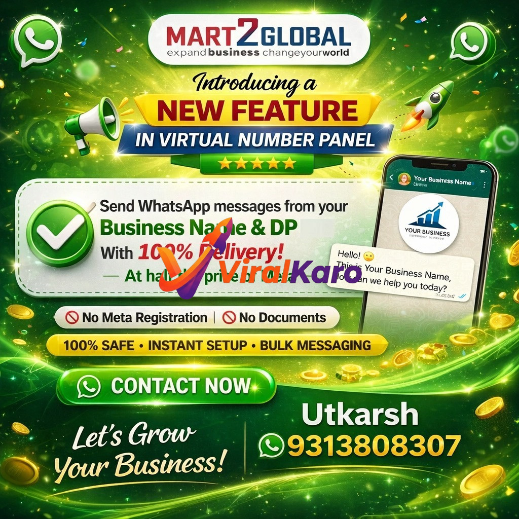 A vibrant green and gold digital marketing banner for MART2GLOBAL's new Virtual Number Panel feature. The image features WhatsApp logos, a megaphone, a flying rocket, and golden coins, symbolizing growth and profit. A smartphone screen displays a WhatsApp chat from "Your Business Name" with a business logo, illustrating the service. Text highlights "Introducing a NEW FEATURE IN VIRTUAL NUMBER PANEL," "Send WhatsApp messages from your Business Name & DP With 100% Delivery! At half the price of Meta," "No Meta Registration | No Documents," "100% SAFE • INSTANT SETUP • BULK MESSAGING." A "CONTACT NOW" button and contact "Utkarsh 9313808307" are prominently displayed, along with "Let's Grow Your Business!".