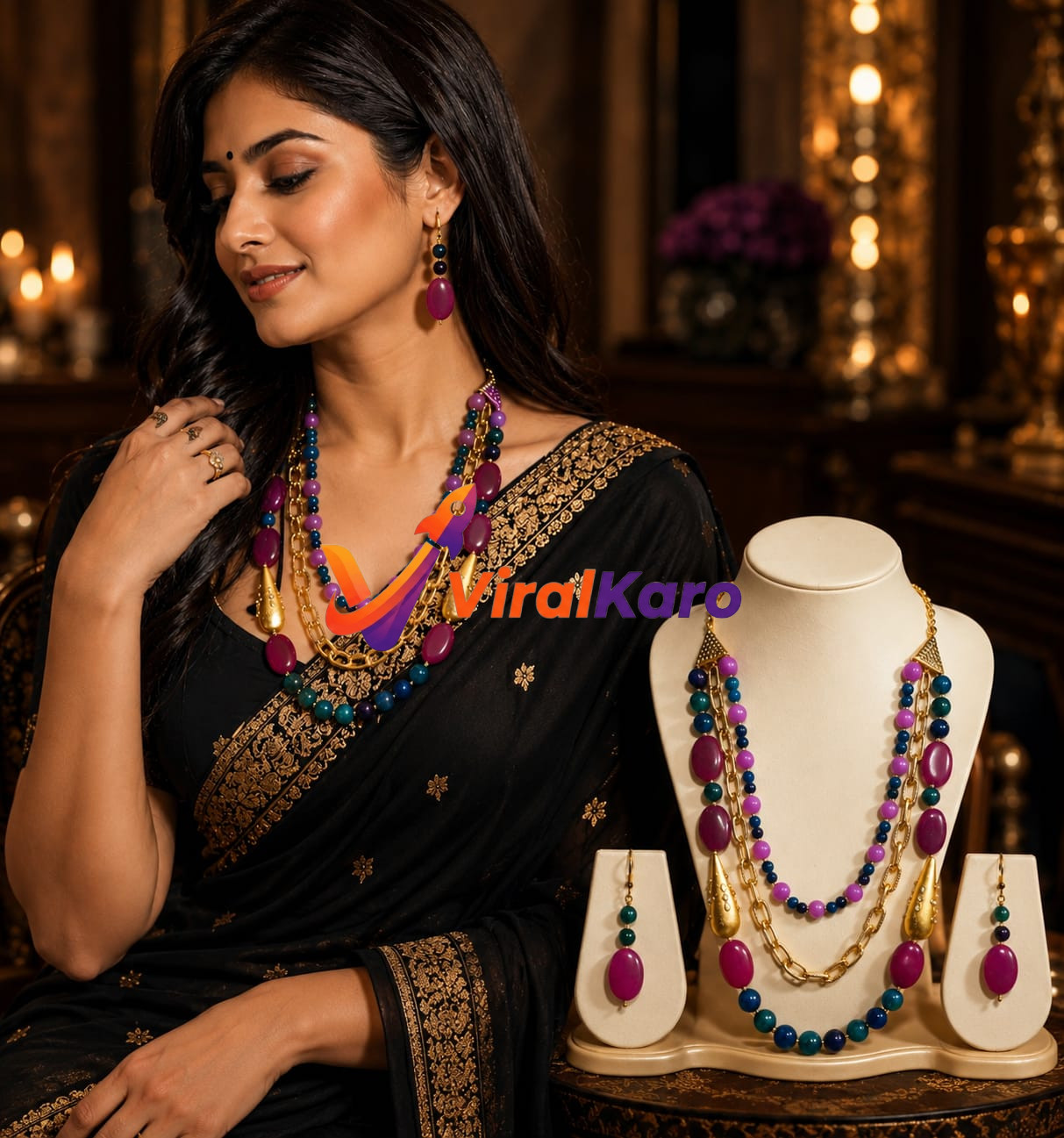 An Indian woman in a black saree with gold embroidery models a stunning multi-layered necklace and matching earrings featuring magenta, blue, and purple beads with intricate gold chains and teardrop accents. Beside her, an identical jewelry set is displayed on a white stand, against a luxurious, dimly lit background with golden decor.