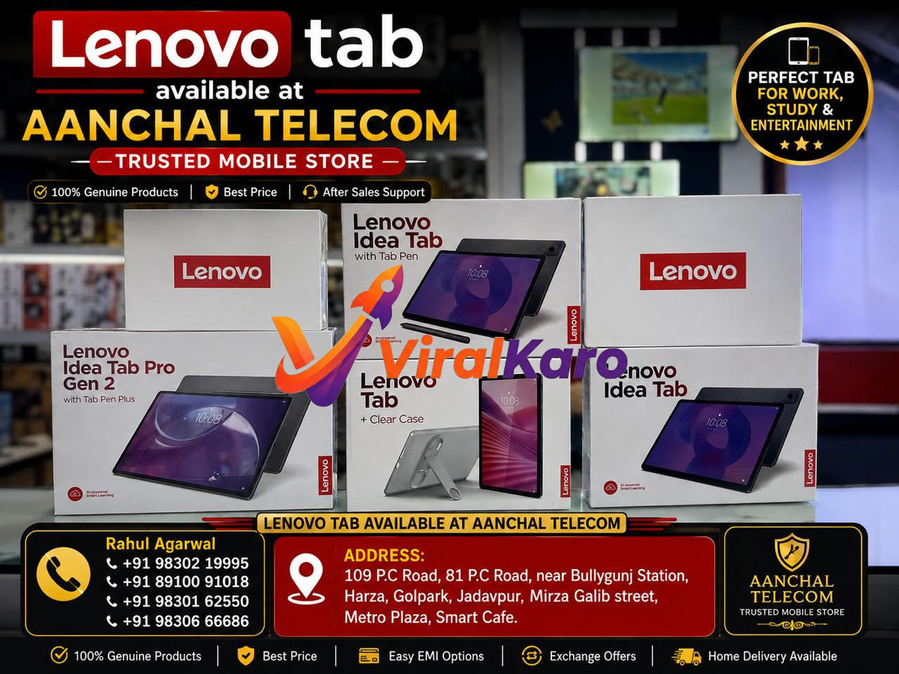 A promotional advertisement for Lenovo tablets available at Aanchal Telecom, featuring images of Lenovo Idea Tab boxes and contact details for various store locations in Kolkata.