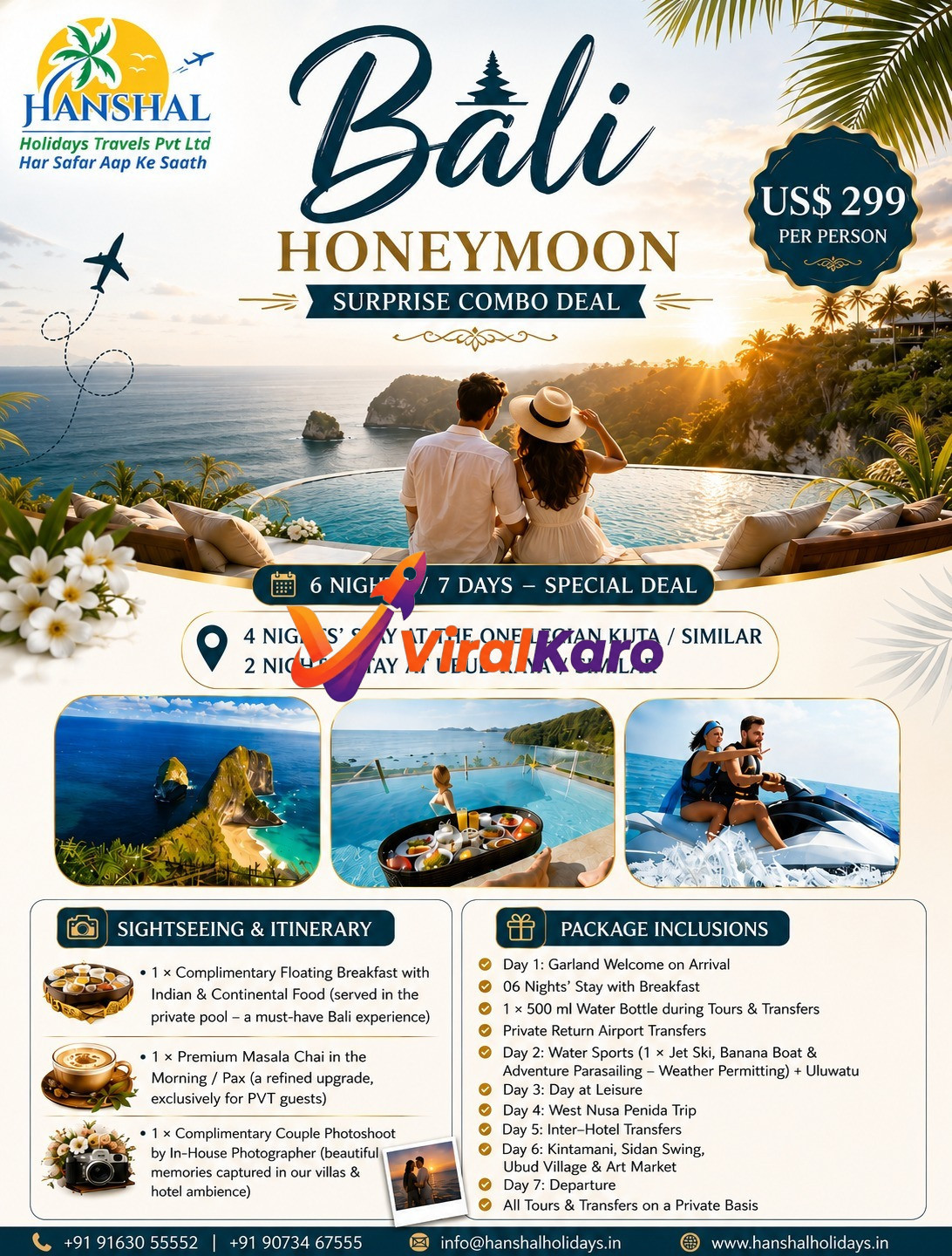 Couple looking at the ocean from a luxury villa infinity pool in Bali, featuring promotional text for a 6-night 7-day honeymoon package by Hanshal Holidays.