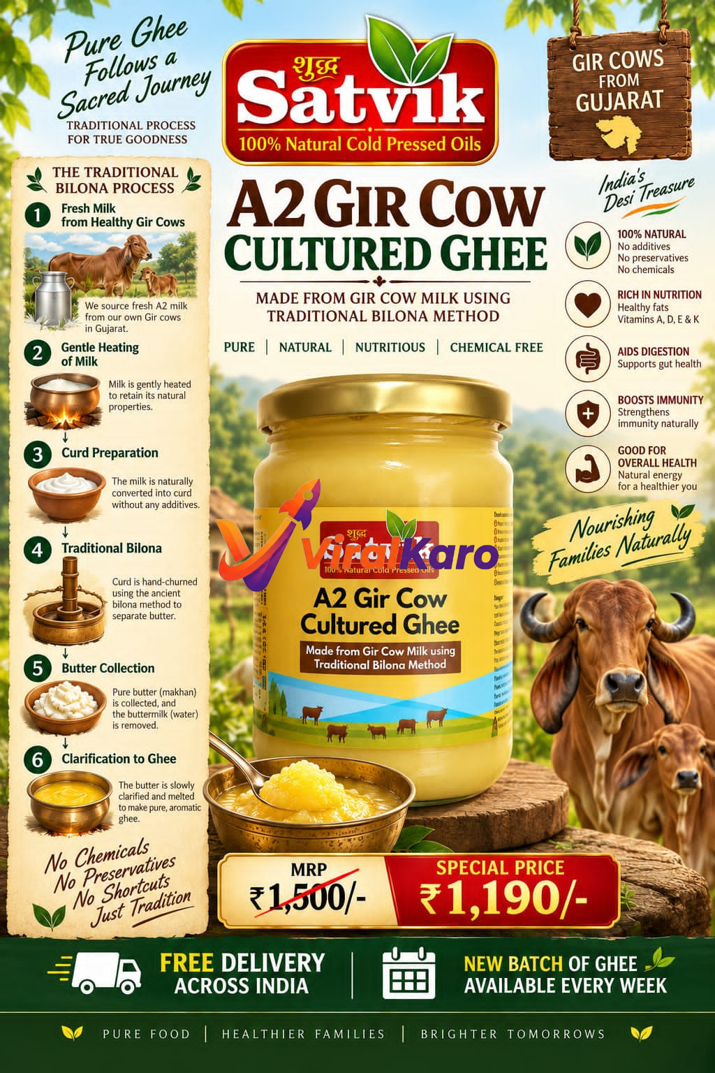 A jar of Satvik A2 Gir Cow Cultured Ghee displayed with ingredients and traditional Bilona process steps on a rustic background.