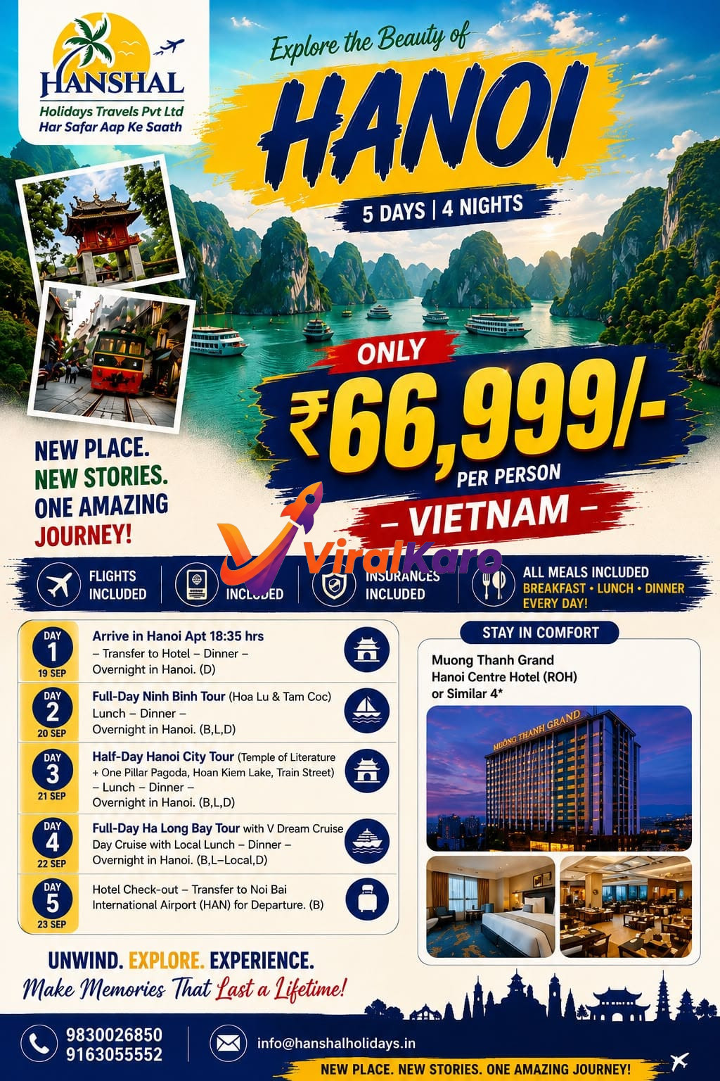 Travel brochure for a 5-day Hanoi, Vietnam tour package by Hanshal Holidays showing scenery of Ha Long Bay and hotel rooms.