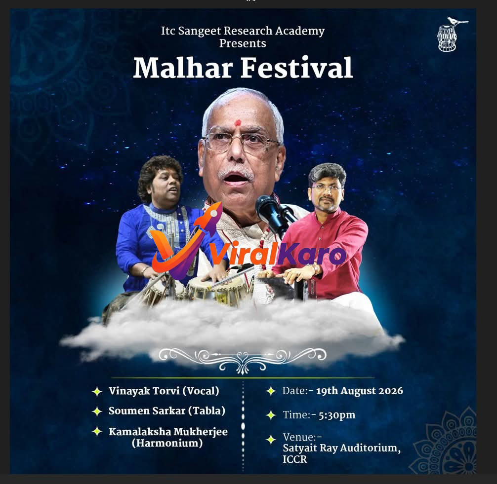 Event poster for Malhar Festival by ITC Sangeet Research Academy featuring musicians Vinayak Torvi, Soumen Sarkar, and Kamalaksha Mukherjee.