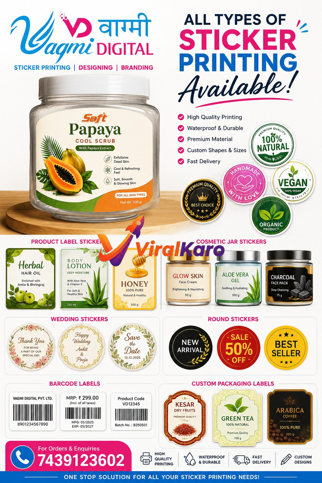 Vagmi Digital promotional advertisement showcasing various product labels, cosmetic jar stickers, wedding stickers, and custom packaging designs with contact details.