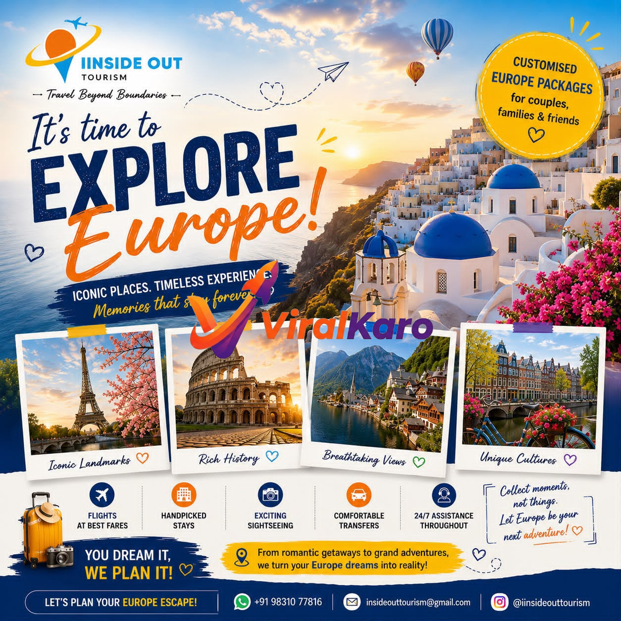 Promotional poster for Iinside Out Tourism advertising customised Europe travel packages featuring iconic European landmarks like the Eiffel Tower and Colosseum.